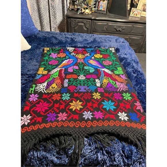 Camelia Mexican Shawl Colorful Embroidery Art Black Floral Peacock Design - Picture 7 of 7